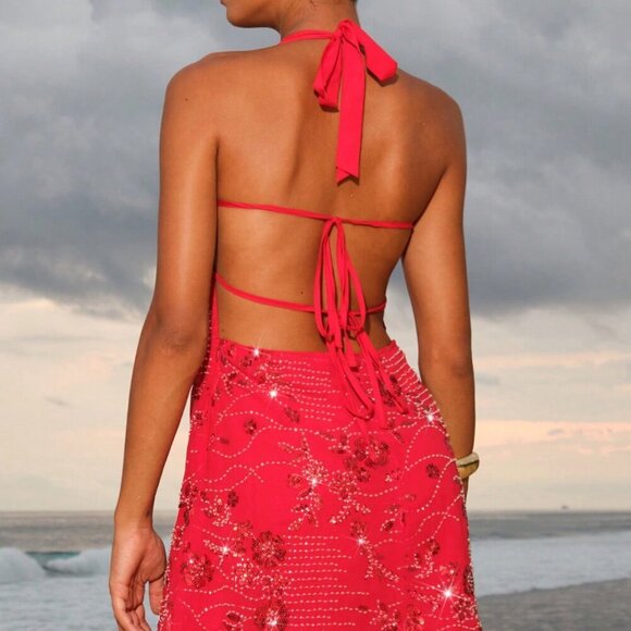 Red Party Women's Beaded Embroidered Fabric Halter Open Back Mini Dress - Picture 5 of 8